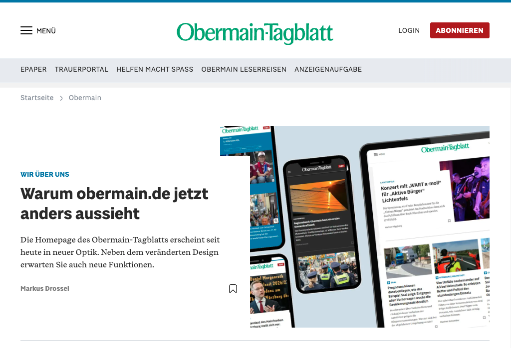 Obermain-Tagblatt startet als integriertes Reichweitenportal auf der pd-digital-Plattform


